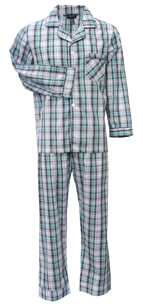 1001TE M Sleepwear Plaid Long Sleeve Long Leg Set Plaid, Teal - Medium