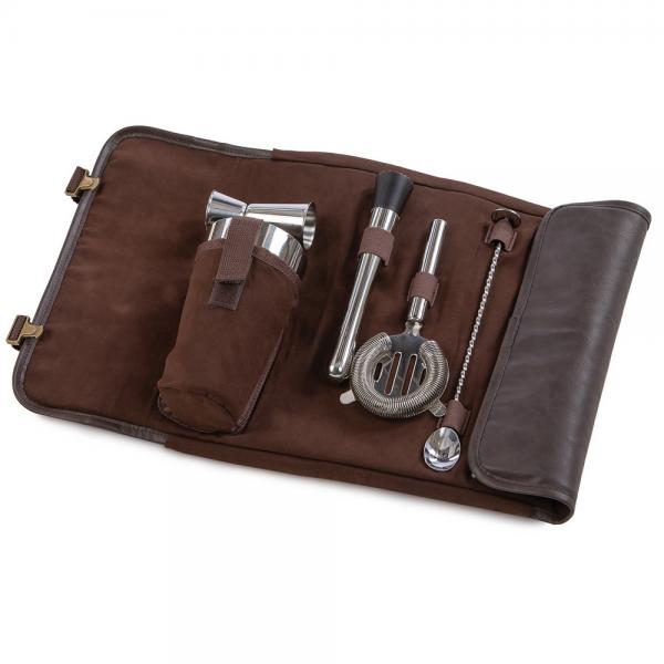 Picture of Oak & Olive OAKPSM411BR Cocktail Bar Tool Roll Up-Brown