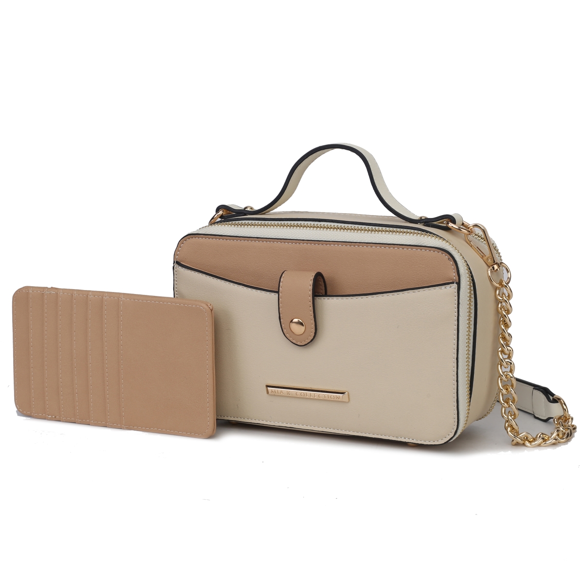 MKF Collection by Mia K MKF-CB-L253BG-BR Womens Oaklyn Camera Bag for Vegan Leather Fashion Shoulder Purse Crossbody Bag, Beige & Brown
