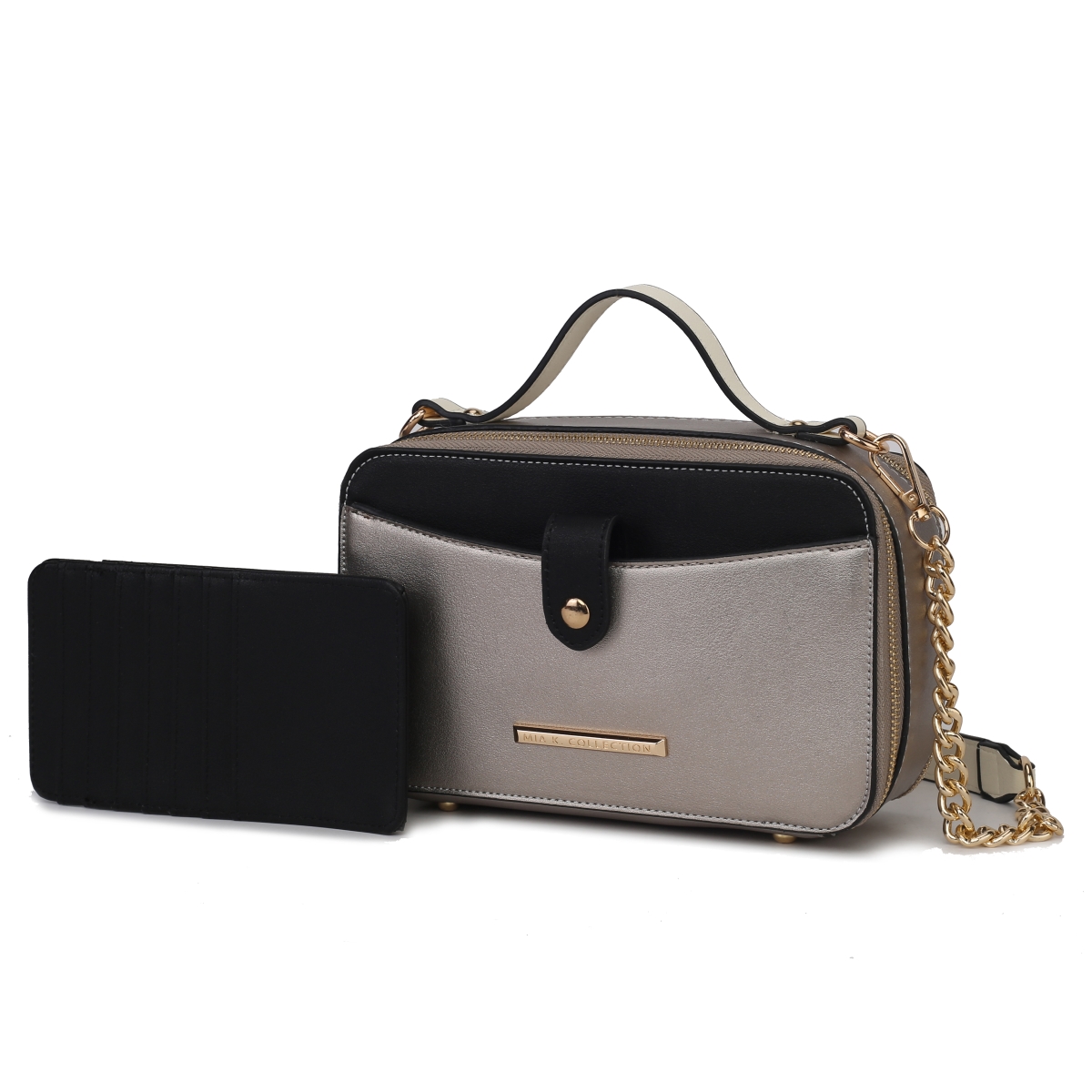 MKF Collection by Mia K MKF-CB-L253PW-BK Womens Oaklyn Camera Bag for Vegan Leather Fashion Shoulder Purse Crossbody Bag, Pewter & Black