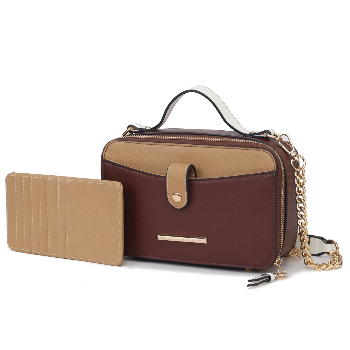 MKF Collection by Mia K MKF-CB-L253CF-BG Womens Oaklyn Camera Bag for Vegan Leather Fashion Shoulder Purse Crossbody Bag, Coffee & Beige