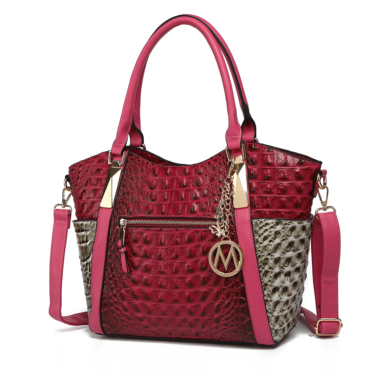 MKF Collection by Mia K MKF-CRC-X684PK-LGY Womens Janise Croco Vegan Leather Fashion Shoulder Purse Tote Bag, Pink & Light Gray