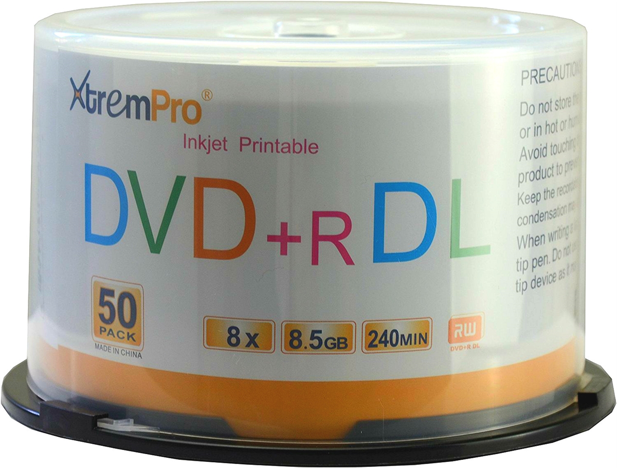 Picture of Xtrempro 11127 DVD-R DL 8X 8.5GB 240 Min Recordable with White Inkjet Printable Double Layer Blank Discs in Spindle - Pack of 50