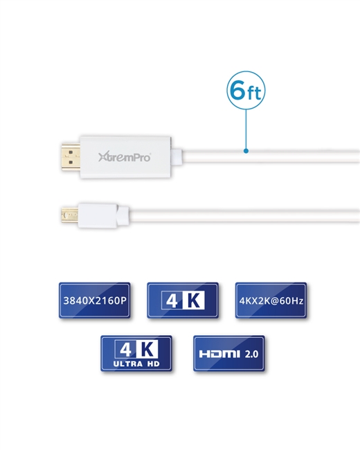 6 ft. Mini Displayport to HDMI Cable Mini DP to HDMI DP Thundebolt Port - White