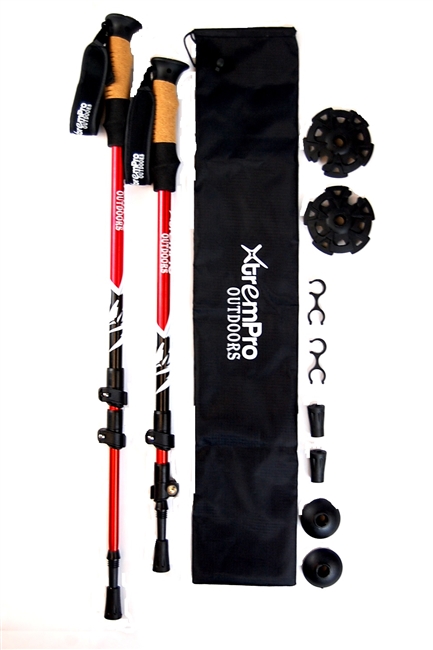 Hiking Trekking Poles Sticks Lightweight 7075 Aluminum Quick Flip-Lock Secure Cork Grip Handles, Red