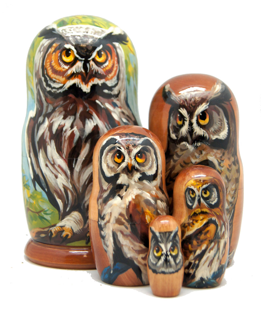 Picture of G.DeBrekht 150013 Russian Matryoshka Wooden Stacking Forest Keeper Owl Nested Dolls - Set of 5