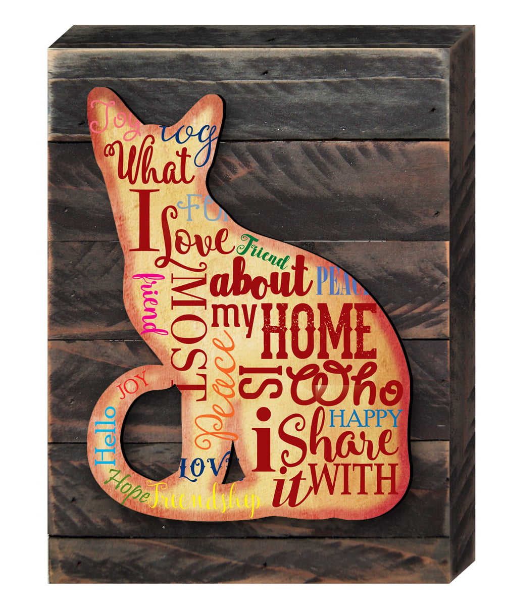 Spring Cat on Rustic Wooden Block Wall Decor