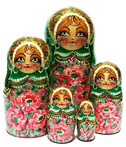 Picture of G.DeBrekht 140134 5 Piece Russian Matryoshka Wooden Stacking Green Floral Nesting Doll Set