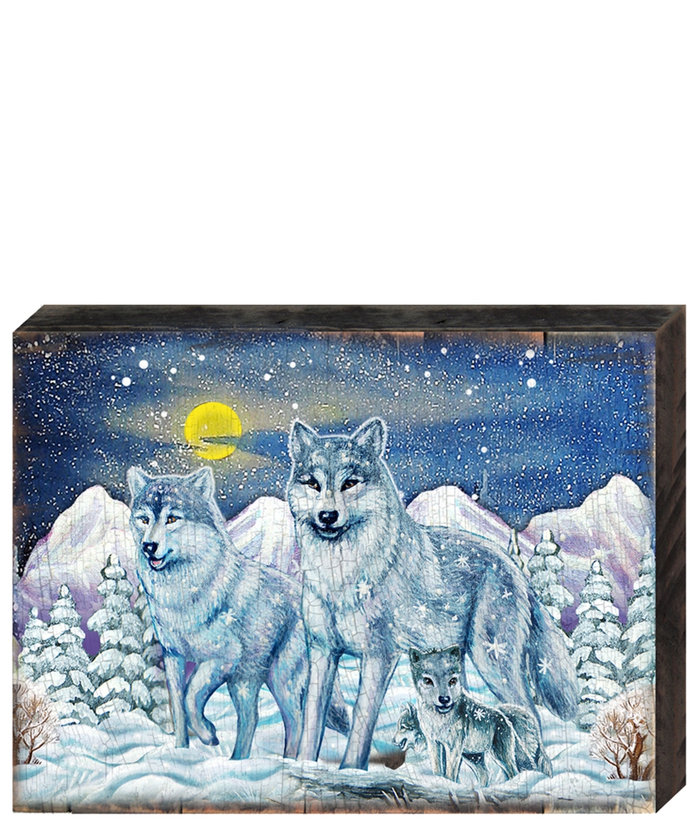 Frosty Wolfs Wooden Block Graphic Art Design
