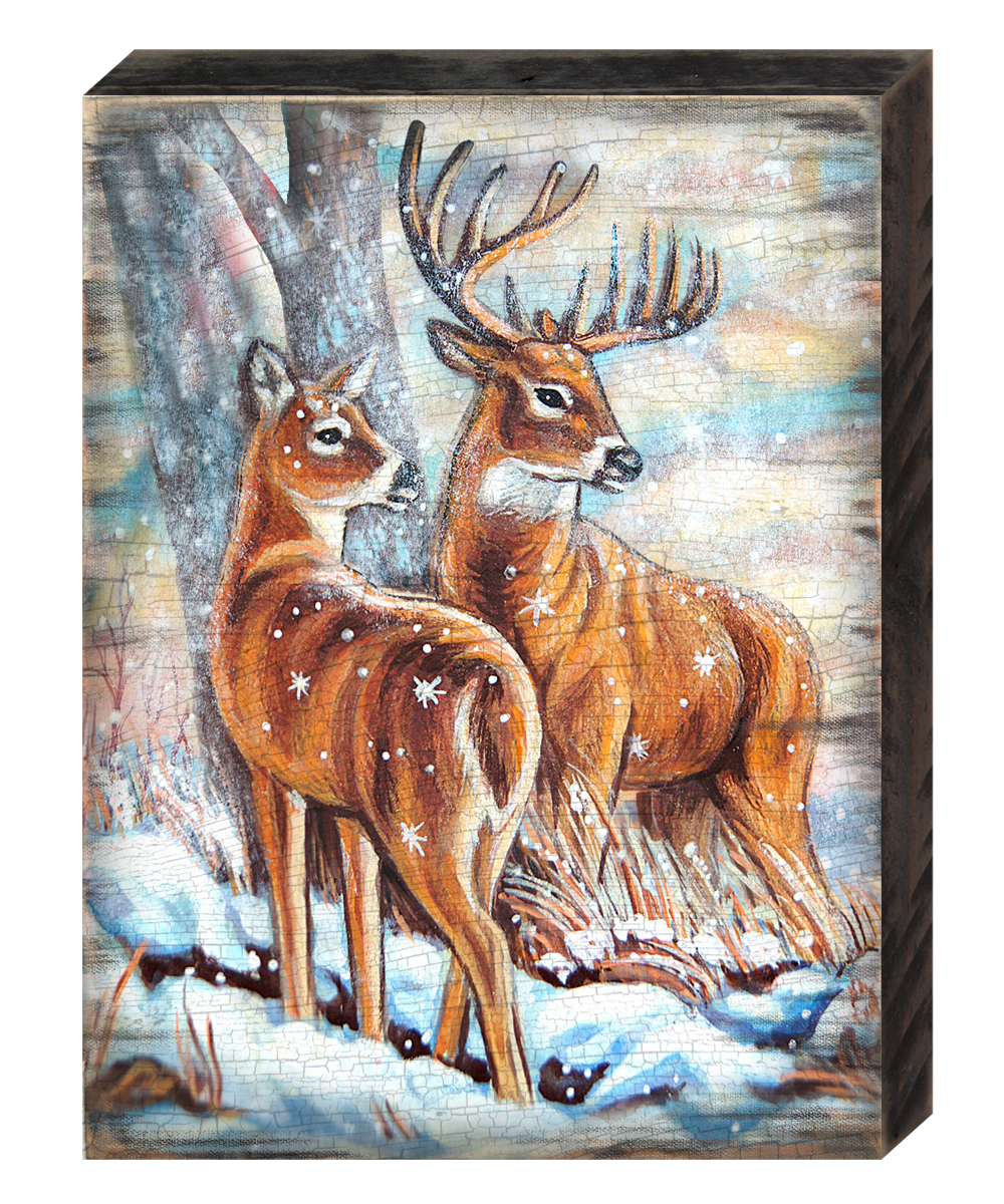 Peaceful Reindeers Wooden Block Graphic Art Design