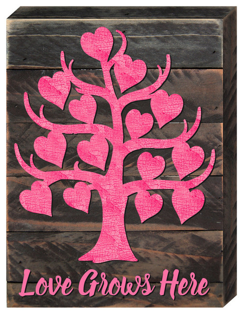 98739-08 Love Grows Here Tree Art on Board Wall Decor