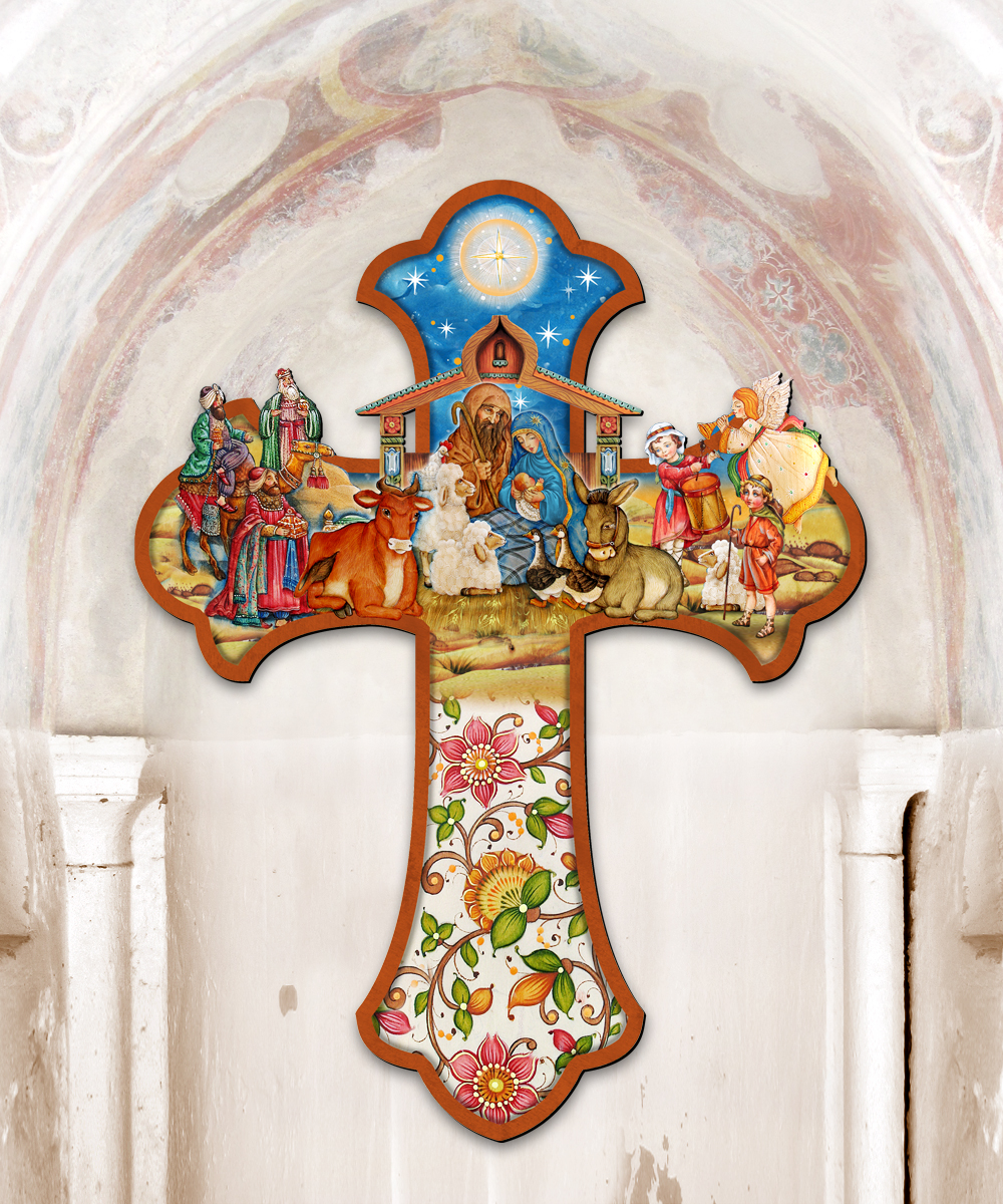 8191164F Nativity Wooden Cross Decorations