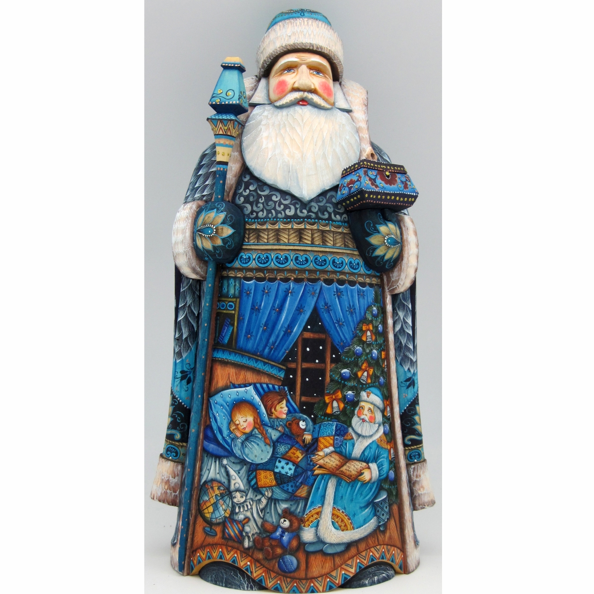 Picture of G.DeBrekht 215636 Gift Giving Children in Blue Wood Carved Hand Painted Santa Clause Figurine