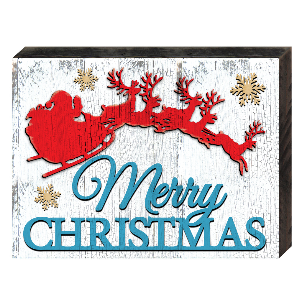 Merry Christmas Santas Sleigh Art on Board Wall Decor