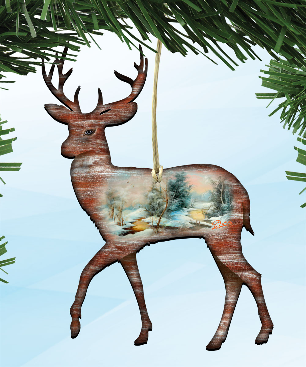 8198211 Deer Scenic Wooden Ornament Set of 2
