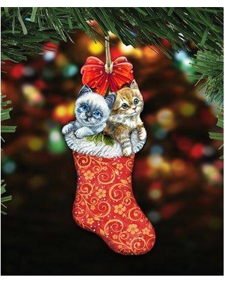 Picture of G.DeBrekht 8114021M Wooden Kitty Cats Christmas Stocking Decorative Hanging or Freestanding Figurine for Home & Garden