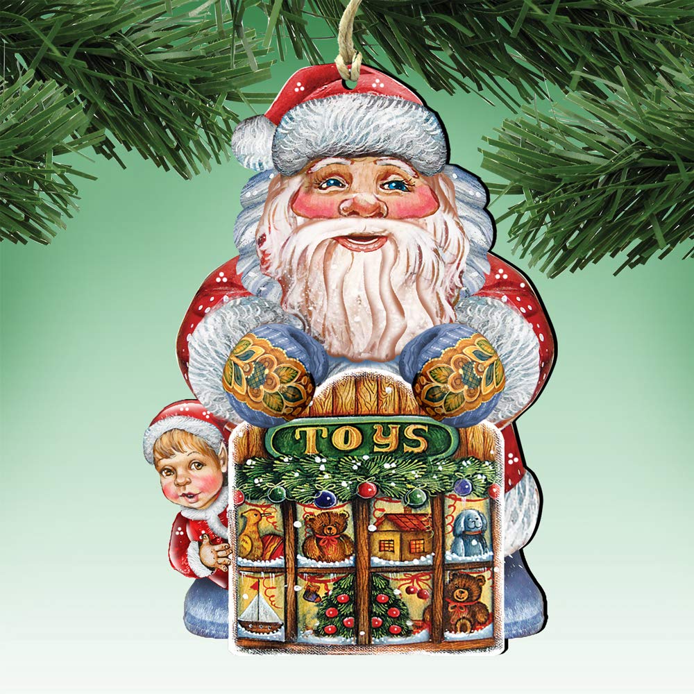 8119172 Toy Shop Santa Wooden Christmas Ornament Set of 2