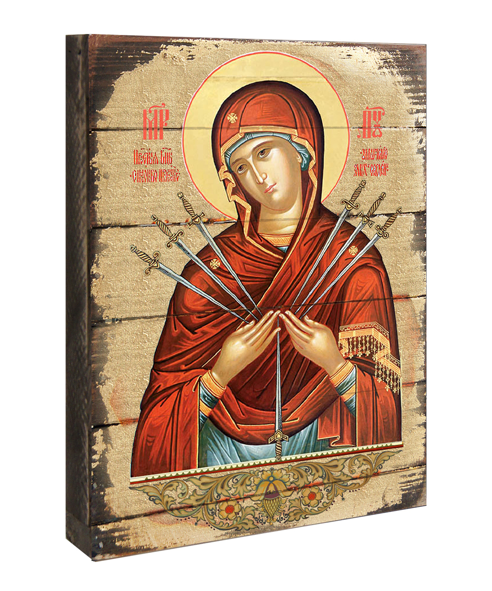 85037-16 Virgin Mary of the Seven Swords Icon Painting on Gold-Plated Wooden Block