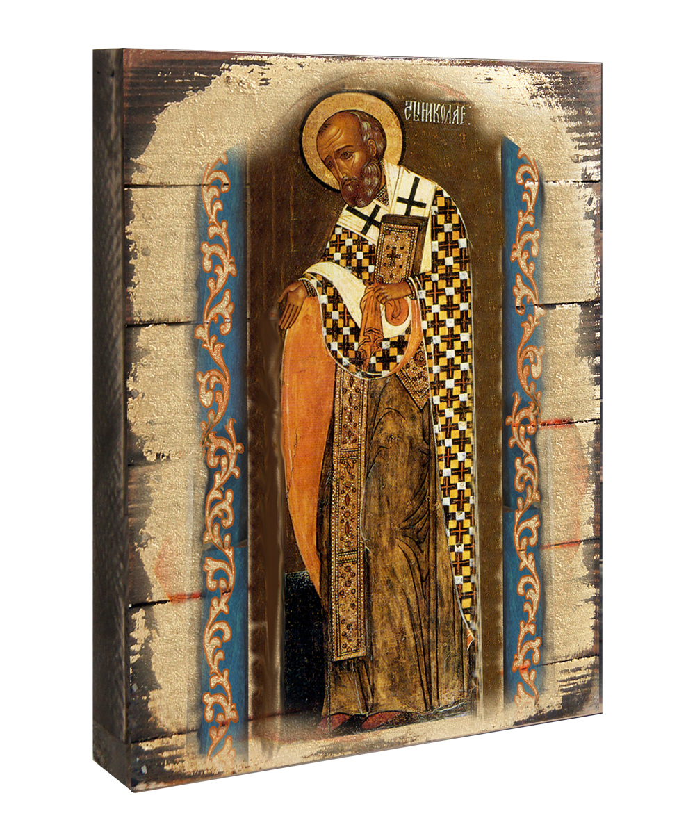 85033-08 Saint Nickolas Icon Painting on Gold-Plated Wooden Block