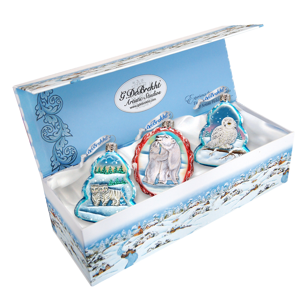 770111S3 White Winter Glass Ornaments - Set of 3