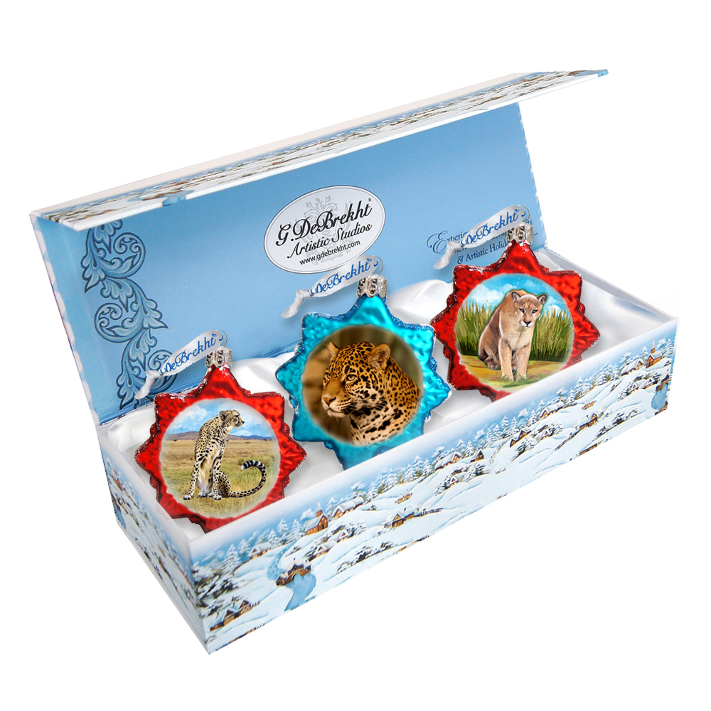 770137S3 Big Cats Glass Ornaments - Set of 3