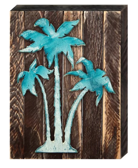 Vintage Tropical Island Palm Tree Art on Board Wall Decor