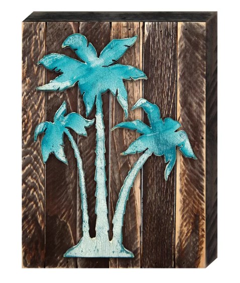 Vintage Tropical Island Palm Tree Art on Board Wall Decor
