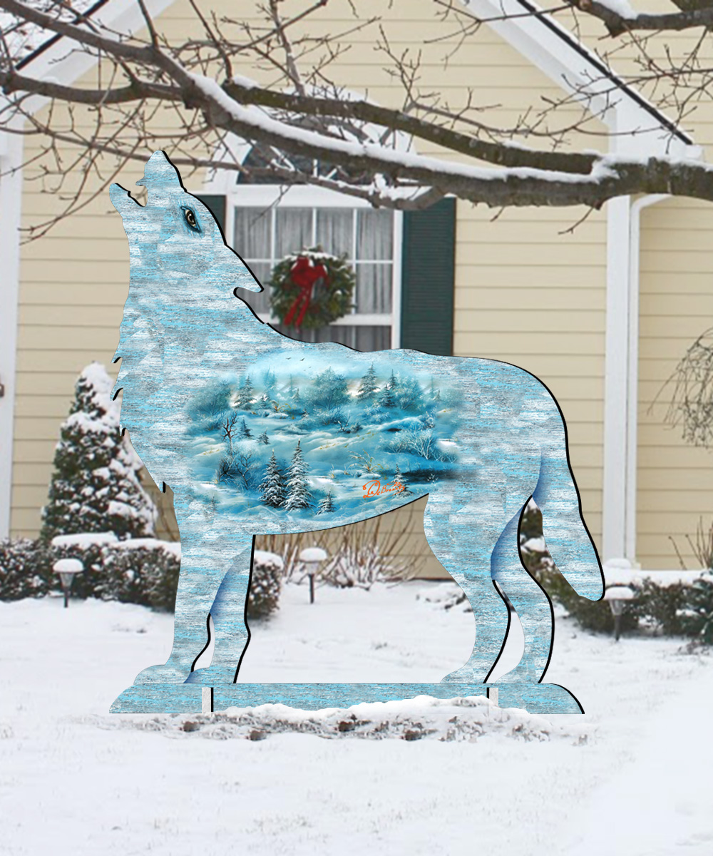 8198227F 32 in. Winter Wolfs Scenic Free-Standing Garden Decor
