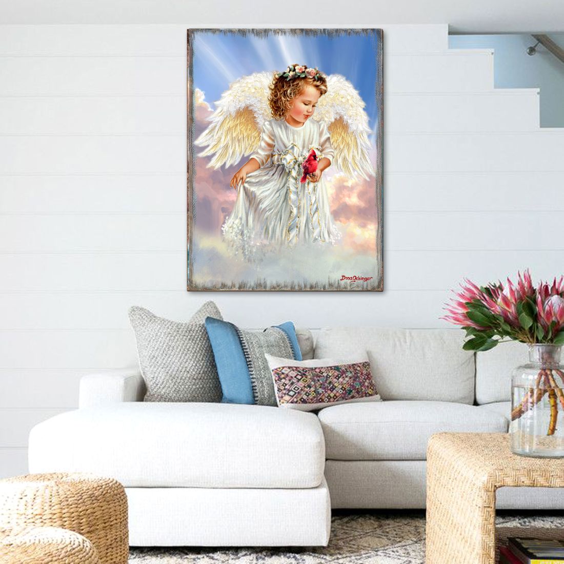 95676B-DG-12 12 x 9 x 0.75 in. Angel with Cardinal Wooden Wall Art -  Designocracy