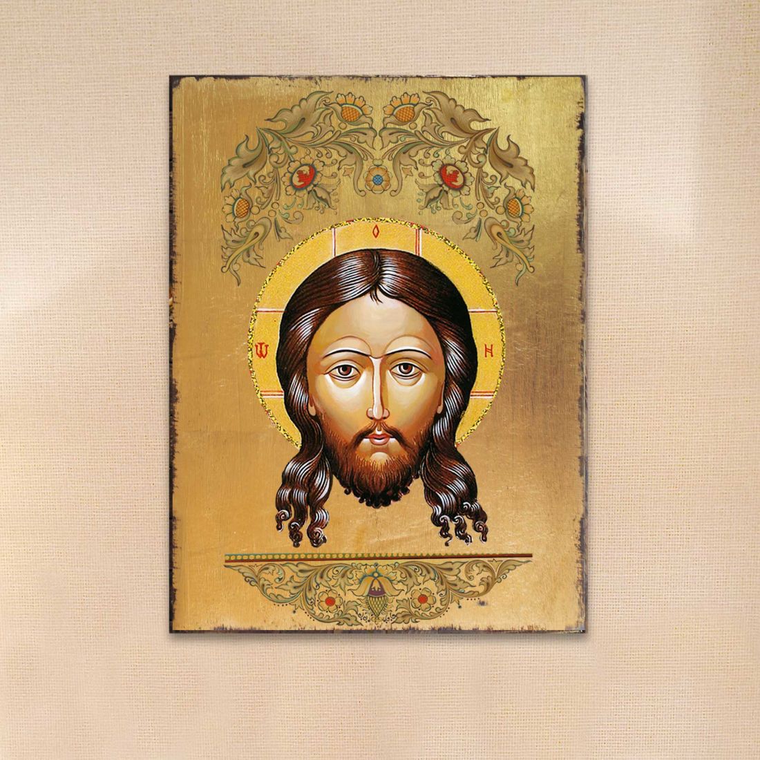 85018-12 12 x 9 in. The Holy Face Wooden Gold Plated Religious Orthodox Sacred Icon Wall Decor - Medium