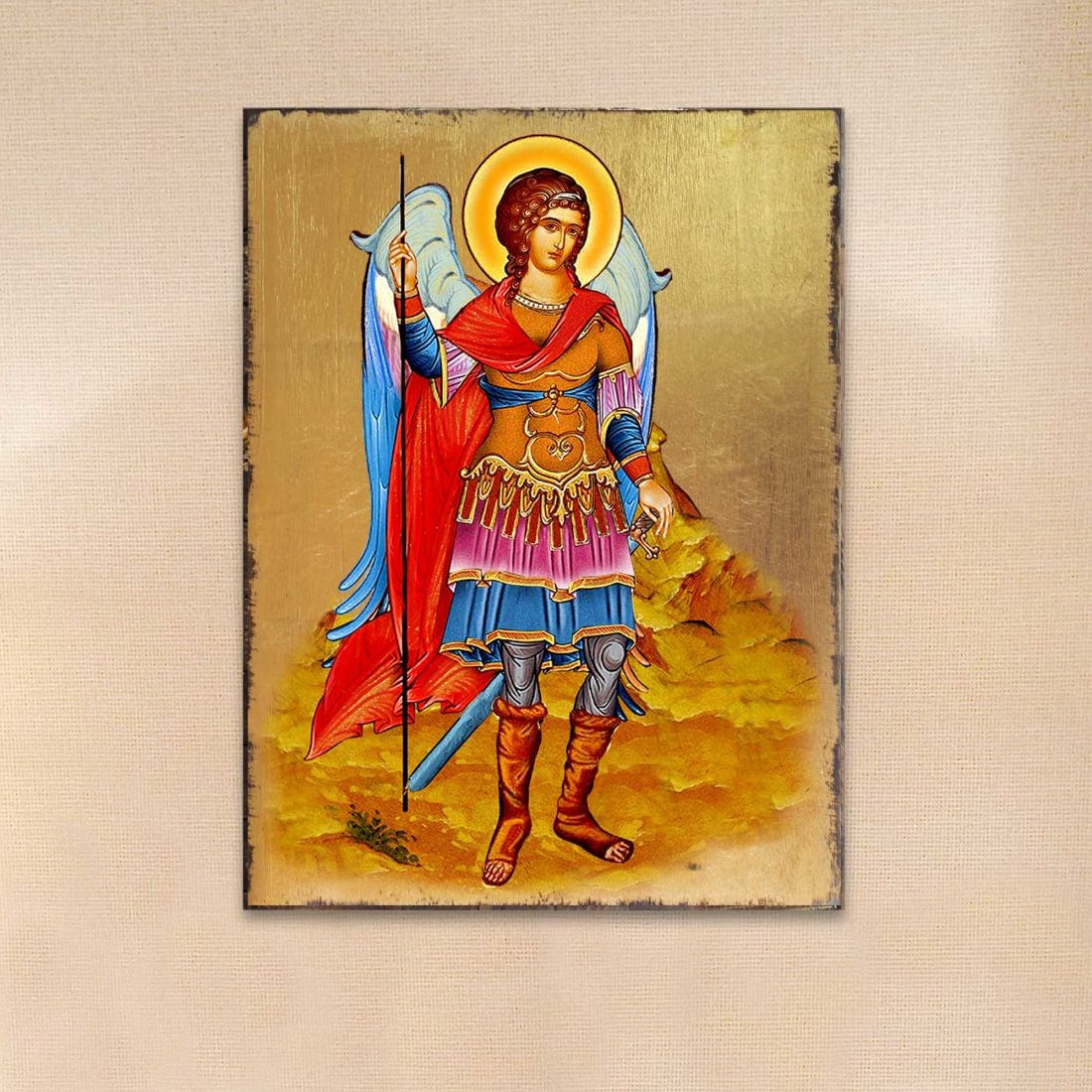 85022-12 12 x 9 in. Saint Michael the Archangel Wooden Gold Plated Religious Christian Sacred Icon Wall Decor - Medium