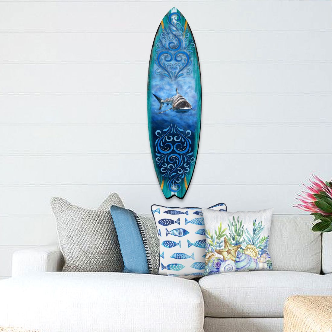 36 x 10 x 1 in. Shark Surfboard Coastal Door Hanger Wall Decor - Medium