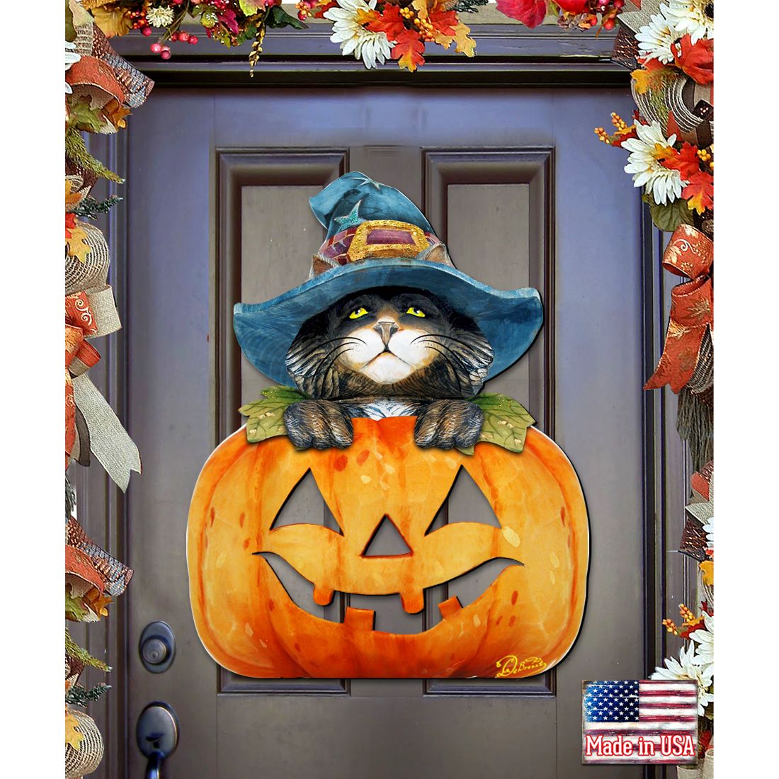 24 x 18 in. Black Cat pumpkin Halloween Door Decor