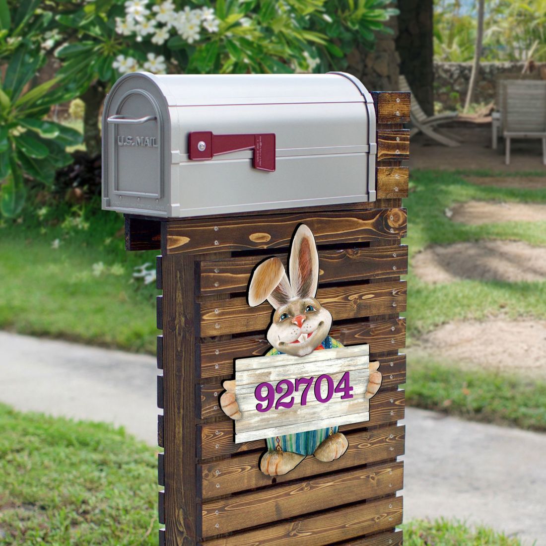 18 in. Bunny Greeter Wooden House Number Sign Decor