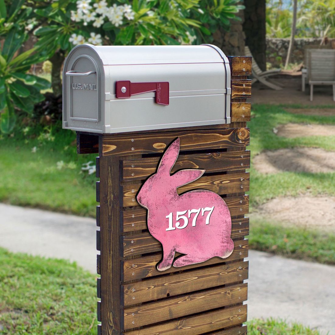 MA981341-18 18 in. Pink Bunny Wooden Custom House Number Sign Decor