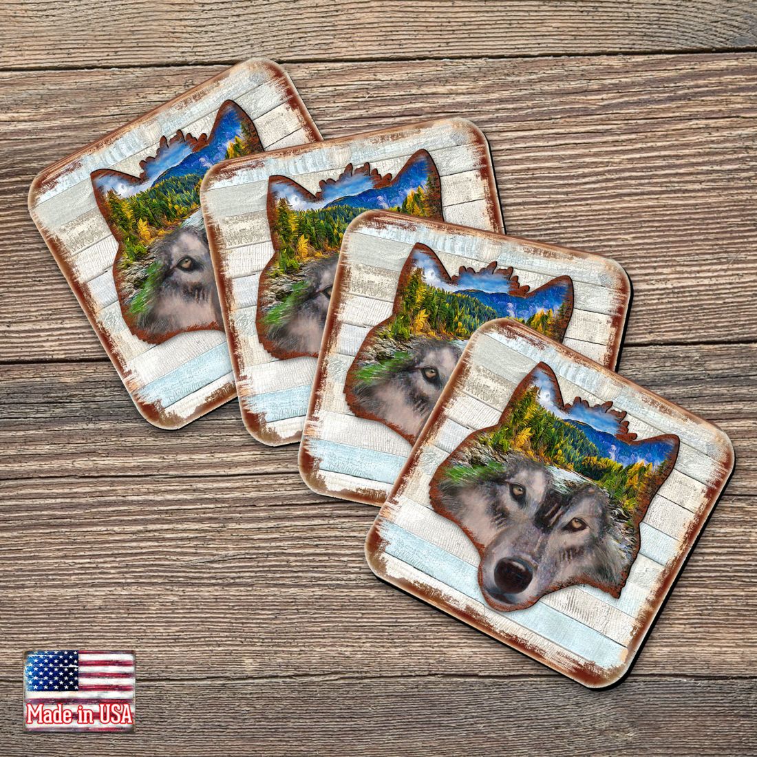 Picture of Nature Wonders 8198227-4-9C-S4 4 x 4 in. Wolf Face Wooden Cork Coasters Gift - Set of 4