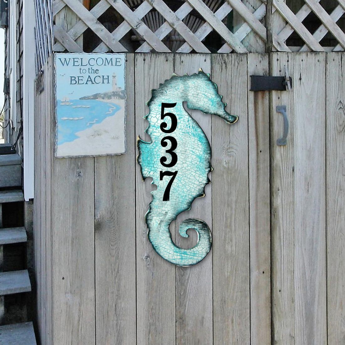 Picture of Designocracy MA98517-12 12 in. Seahorse Coastal Wooden House Number Sign Decor