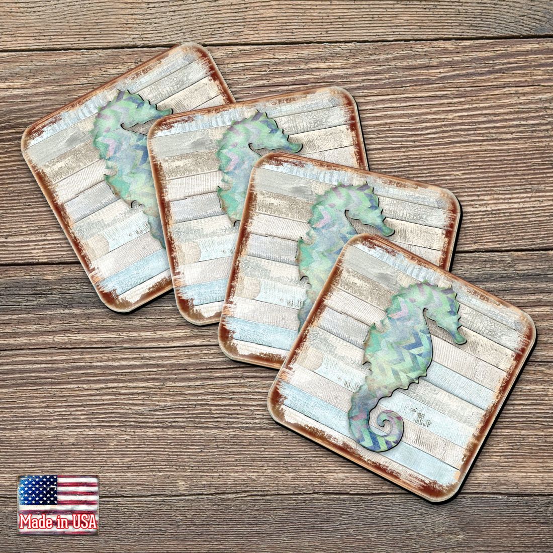 Picture of Nature Wonders 8198517-2-9C-S4 4 x 4 in. Seahorse Coastal Wooden Cork Coasters Gift - Set of 4