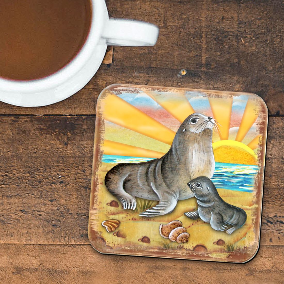 Picture of Nature Wonders 8198532-2C-S4 4 x 4 in. Sealion Coastal Wooden Cork Coasters Gift - Set of 4