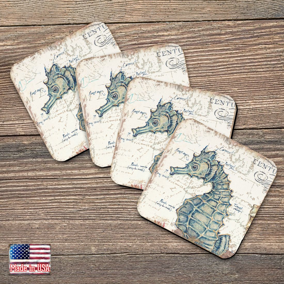 Picture of Nature Wonders 8198621C-S4 4 x 4 in. Seahorse Coastal Wooden Cork Coasters Gift - Set of 4
