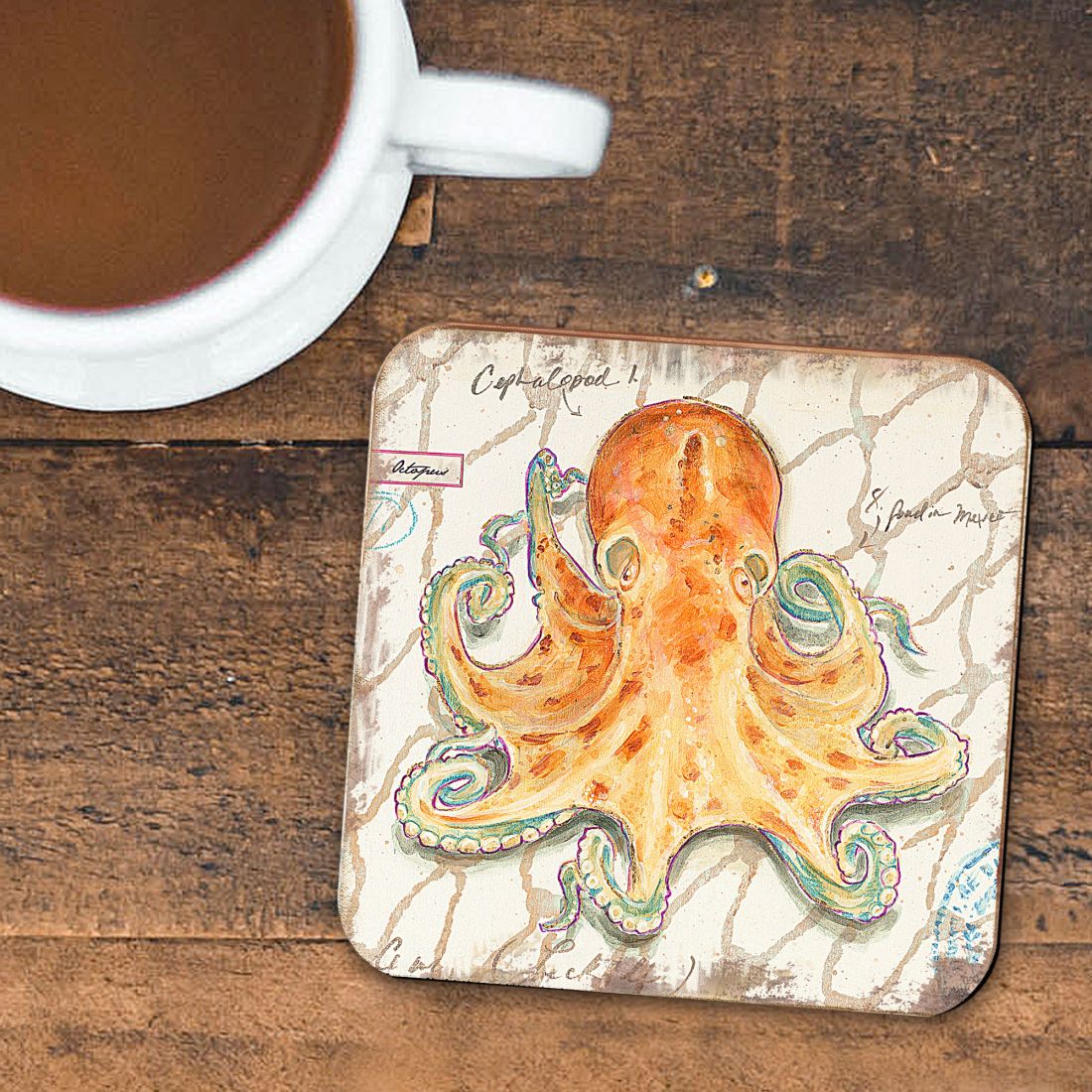 Picture of Nature Wonders 8198626C-S4 4 x 4 in. Octopus Coastal Wooden Cork Coasters Gift - Set of 4