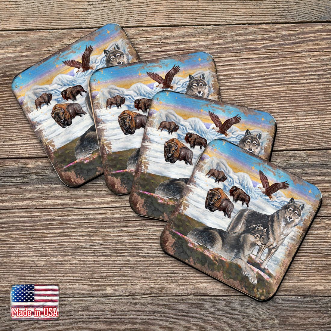 Picture of Nature Wonders 95222C-S4 4 x 4 in. Winter Wolves Wooden Cork Coasters Gift - Set of 4