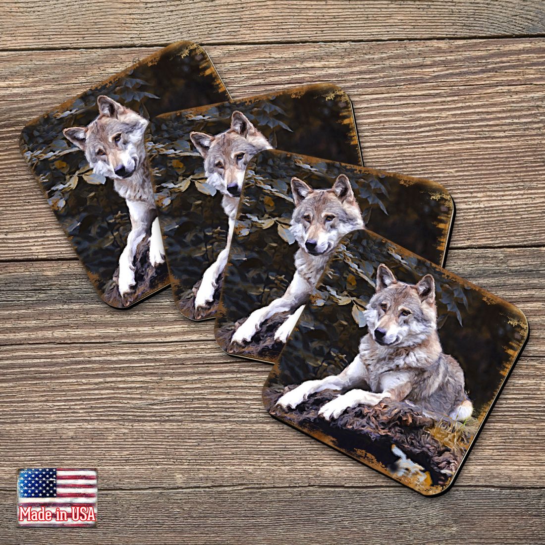 Picture of Nature Wonders 95287C-S4 4 x 4 in. Wolf Wooden Cork Coasters Gift - Set of 4