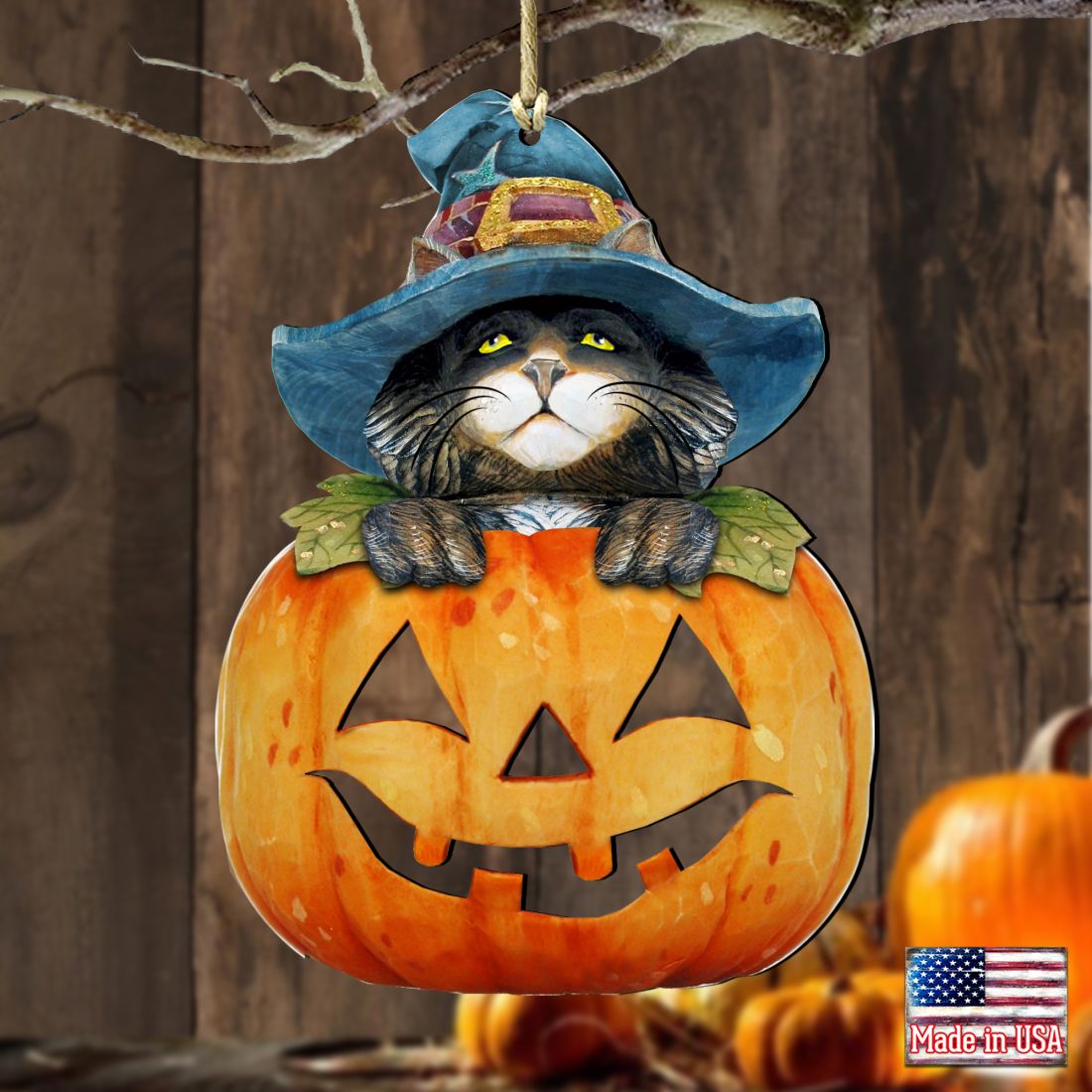 5 x 5.5 in. Halloween Cat Pumpkin Wooden Fall Ornaments