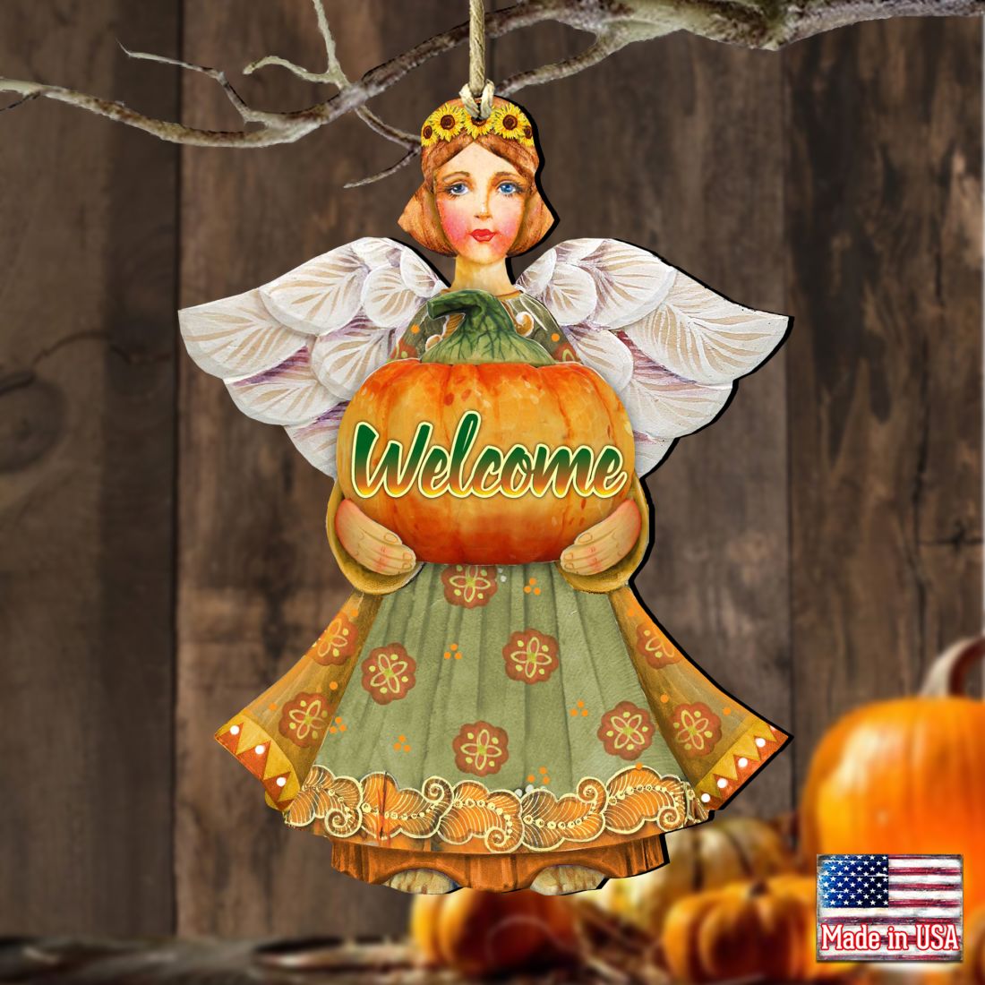 5 x 5.5 in. Fall Angel Wooden Fall Ornaments - Set of 2