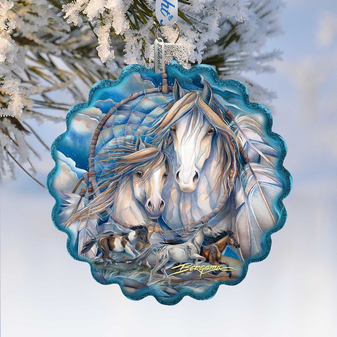 Picture of G.DeBrekht 759-637-JB 4 x 3 in. Mustangs Dream Catcher Journey Wreath Glass Ornaments