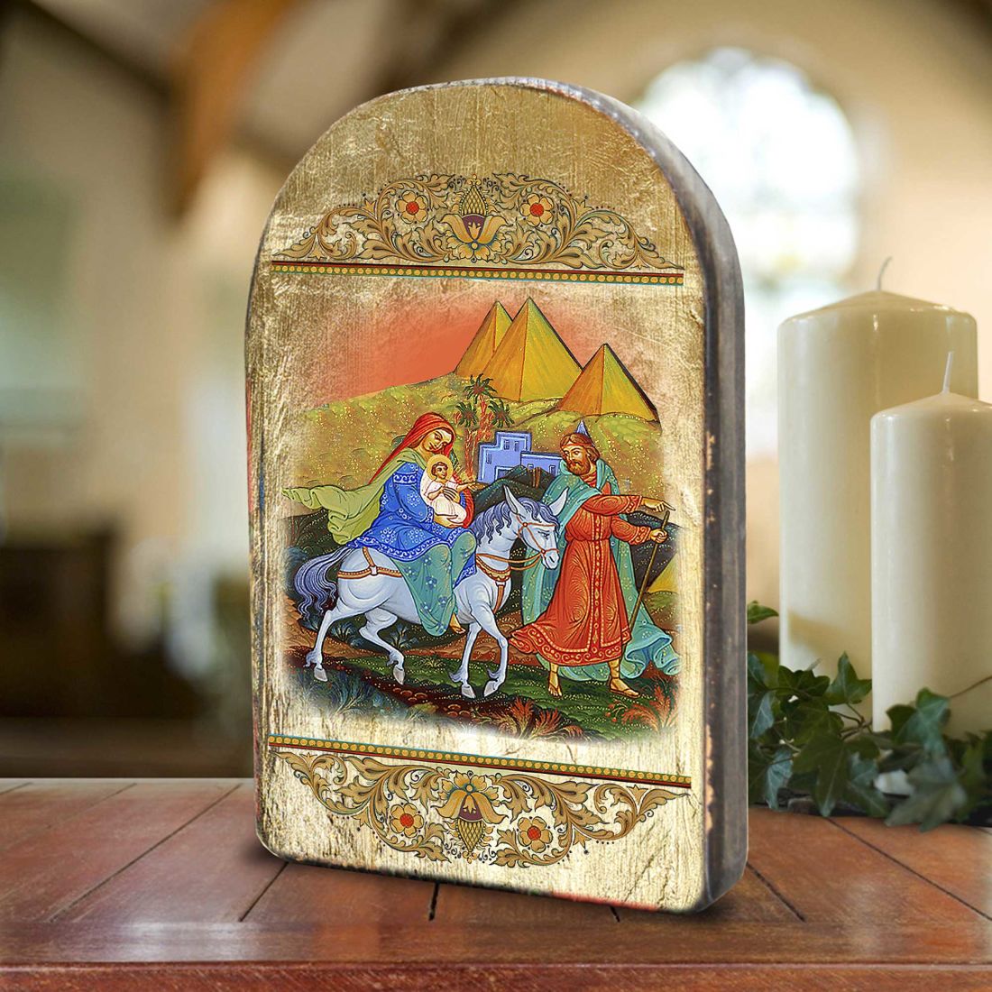 86016 6 x 4 in. Flight to Egypt Wooden Gold Plated Religious Orthodox Sacred Icon Wall Decor