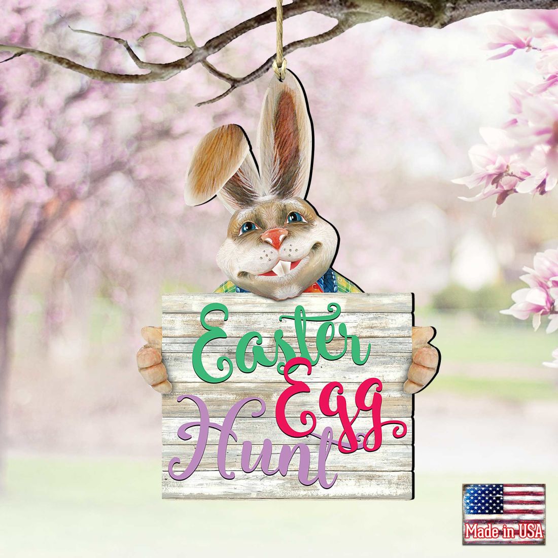 5 x 5.5 in. East Egg Hunt Bunny Wooden Ornaments Spring