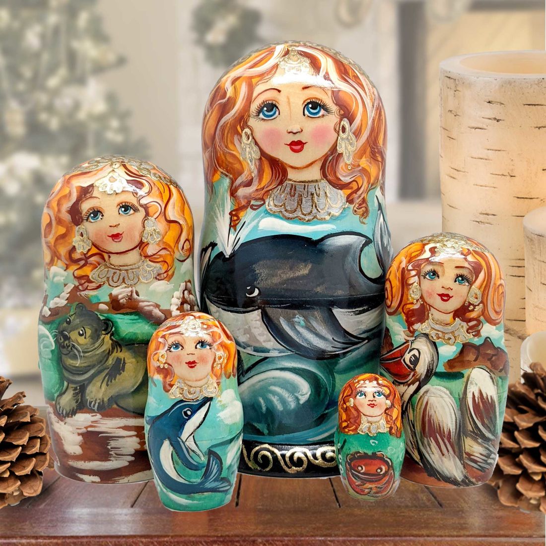 Picture of G.DeBrekht 140812 3.5 x 4 in. Whales Family Matreshka Nesting Hand-Painted Doll Figurine - Set of 5