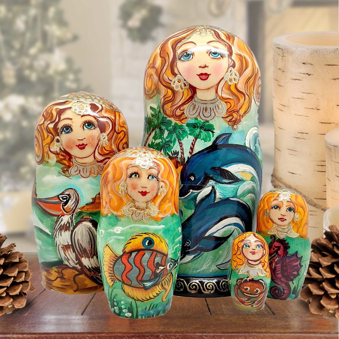 Picture of G.DeBrekht 140813 3.5 x 5 in. Dolphins Family Matreshka Nesting Hand-Painted Doll Figurine - Set of 5
